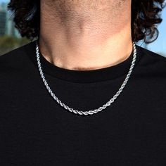 Rope chain silver is designed in Los Angeles using Premium 316L Stainless Steel silver coated in rhodium, which secures an outstanding shine and durability. Bold and shiny, this 5mm rope-style men's necklace shows off its sophisticated style. This silver necklace has a rope-style design, allowing additional durability as each line safely intertwines with every twist in the chain. Add this item to your accessories collection and get endless possibilities for enhancing your daily style and strikin Silver Rope Chain Men, Silver Chain Design For Men, Silver Chain Men, Silver Necklace For Men, Mens Silver Chain Necklace, Mango Haram, Mens Fits, Necklace Rope, Jewellery Design Sketches