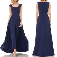 This Contemporary Garment Looks Like A Glamorous Gown From The Back And Like A Modern Jumpsuit From The Fronteither Way, It's Absolutely Captivating. Back Zip Closure Rolled Neckline 95% Polyester, 5% Spandex Fitted Blue Floor-length Jumpsuits And Rompers, Blue Fitted Floor-length Jumpsuit, Blue Fitted Floor-length Jumpsuits And Rompers, Blue Fitted Full-length Jumpsuits And Rompers, Elegant Blue Pantsuit For Wedding, Elegant Blue Wedding Jumpsuits And Rompers, Fitted Blue Pantsuit For Wedding, Blue Fitted Pantsuit For Weddings, Navy Fitted Elegant Jumpsuit