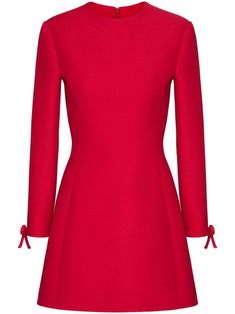 Shop Valentino Garavani bow-detail long-sleeve minidress Long Sleeve Work Dress, Red Dress Sleeves, Valentino Dress, Long Sleeve Short Dress, City Dress, Wool Dress, Summer Beach Wear, Valentino Garavani, A Line Skirts