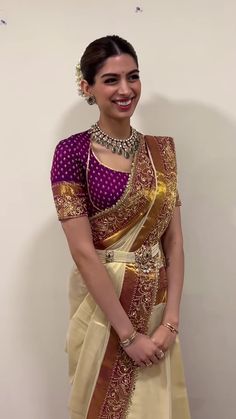 Silk Saree Neck Designs, South Indian Saree Blouse Designs, Modern Half Saree, Kanjivaram Saree Blouse Design, South Indian Wedding Bride, Muhurtham Saree, Saree Styling, South Indian Blouse Designs, Bridal Sarees South Indian