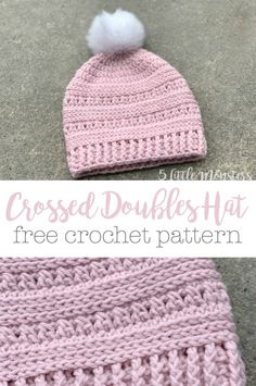 the crocheted hat is shown with text that reads, crossed double knit free crochet pattern