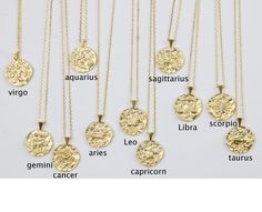 "*zodiac constellation necklace, celestial jewelry, 18k gold filled medallion pendant necklace, zodiac sign necklace, layering necklace *Delicate High quality Chain - Length: 18\"as shown on the pictures - pendant size: 14mm - material: pendant- 18k gold filled, chain- 18k gold plated - Comes in a cute little package - Perfect on its own or as a layering piece. - Available : gold only. * View star necklace here: https://www.etsy.com/listing/777461400/gold-star-necklace-star-jewelry?ref=shop_home Adjustable Gold Zodiac Sign Necklace, Gold Celestial Charm Necklace With Zodiac Sign, Gold Zodiac Sign Coin Necklace, Celestial Style Gold Charm Necklace With Zodiac Sign, Gold Celestial Zodiac Sign Charm Necklace, Celestial Style Gold Zodiac Sign Charm Necklace, Yellow Gold Zodiac Sign Coin Necklace As Gift, Gold Moon Phase Coin Necklace Perfect As A Gift, Gold Moon Phase Coin Necklace As Gift