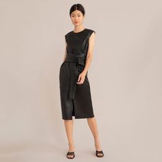 Pilar Faux Leather Tie-Front Dress  |  Modern Citizen Leather Midi Dress For Work, Sleek Leather Dresses For Workwear, Sleek Leather Dress For Work, Sleek Leather Workwear Dress, Leather Midi Dress For Date Night, Chic Leather Workwear Dress, Chic Leather Midi Dress For Date Night, Versatile Knee-length Midi Dress For Work, Elegant Knee-length Leather Midi Dress