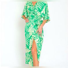 Kimono Wrap Dress. She’s A Beauty! Green And White Tropical Leaf Pattern. A Perfect Look For Summer, Spring, Vacation, Beach, Date Night, Or Any Event. Classy, Fun, Flirty, Casual, Cute And Sexy All Together . You Will Not Go Unnoticed I Love This Dress And Wish It Fit Me, Or I Wouldn’t Even Think To Let It Go. I Bought It To Wear To A Destination Wedding In Aruba. Needless To Say, I Didn’t Get My Chance To Wear It At All. Cool Material That Flows. Non-Restricting. New With Tags Smoke Free Pet F Printed Green Midi Dress For Beach, Green Printed Midi Dress For Beach, Green Floral Print Wrap Dress For Summer, Spring Green Midi Wrap Dress, Green Spring Vacation Wrap Dress, Green Spring Wrap Dress For Vacation, Spring Vacation Green Wrap Dress, Spring Green Wrap Dress For Vacation, Green Wrap Dress For Spring Vacation