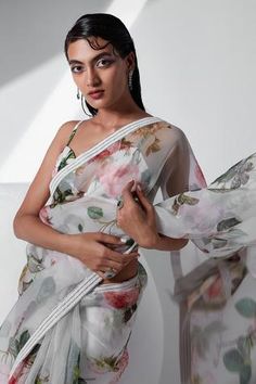 Shop for Tisha Saksena Ivory Silk Organza Hyacinth Printed Saree With Bralette for Women Online at Aza Fashions Ivory Saree, Saree Silk, Embroidered Border, Printed Saree, Ivory Silk, Silk Organza, Printed Sarees, Botanical Print, Color Ivory