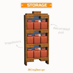 an image of a book shelf with red couches on it and the words storage above it