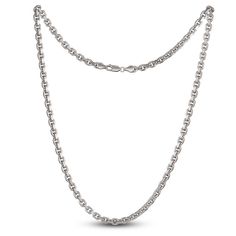 Dynamic solid square cable links join in this stylish necklace. Fashioned in sterling silver, the 24-inch link chain secures in place with a lobster clasp and the links are approximately 5.3mm wide. Luxury Jewelry With Rolo Chain, Silver Necklace With Rolo Chain And Rectangular Links, White Gold Oval Link Rolo Chain Necklace, White Gold Rolo Chain Necklace With Oval Links, Jared The Galleria Of Jewelry, Cable Chain Necklace, Stylish Necklace, Necklace Sterling Silver, Cable Chain