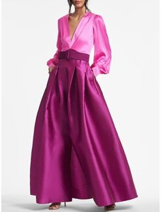 Elegant A-Line Evening Gown Party Dress Formal Wedding Guest Floor Length Long Sleeve V Neck Belt / Sash Satin with Pleats Pink Satin Long Sleeve Gown, Pink Long Sleeve Satin Gown, Pink Long-sleeved Satin Gown, Elegant Purple Wedding Guest Gown, Silk Pink Dress For Banquet, Pink Silk Dress For Banquet, Silk Long Sleeve Gown For Banquet, Fitted Satin Belted Dress, Purple V-neck Wedding Gown