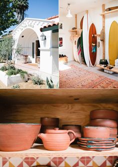 three different views of surfboards and pottery