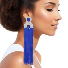 Tassel Royal Blue Long Vintage Glam Earrings Women Cowboy Crochet, Glam Earrings, Head Chain, Wrist Wear, Vintage Glam, Beaded Cuff, Bangle Bracelets With Charms, Earrings Women, Earrings Long