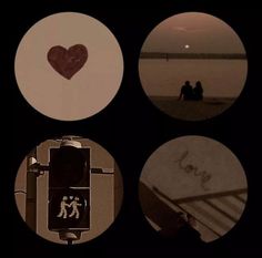 four different pictures with one heart and two people sitting on a bench by the water