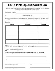 the child pick - up application is shown in this file, which contains information for parents and