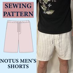 men's shorts sewing pattern with the front and back view of him, in white pinstripe