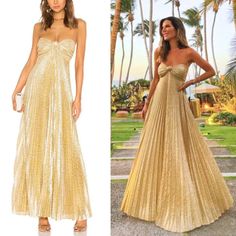 Alexis Joya Pleated Strapless Maxi Dress In Gold Lame. Size Xs. - Condition - Excellent Like New Condition, No Flaws! - Details - Strapless Bodice A Line Silhouette Pleated Metallic Lame Fabric Knot Bust Detail Hidden Back Zipper Closure Highly Sought After, Super Rare! A Stunning Gown Worn By Many Celebrities Including Sofia Vergara And Devon Windsor *Measurements Available Upon Request All Orders Ship Within 1-2 Business Days! Offers Welcome! Ball Black Tie Bridesmaid Wedding Guest Cocktail Ev Gold Dresses Long, Black Tie Bridesmaids, Evening Gala, Alexis Dress, Devon Windsor, Lame Fabric, Gold Wedding Dress, Strapless Prom Dress, Gold Lame