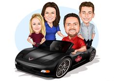 a caricature of three people in front of a sports car