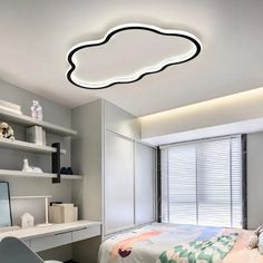 a bed room with a neatly made bed and a white ceiling light above the bed