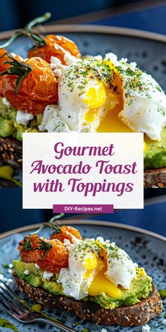 avocado toast with poached eggs and tomatoes on top is shown in two separate images