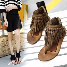 The women's Summer Sandals model, which's offered for sale with a tasseled design, has a very stylish appearance. Resembling a piece from the wild nature of the Amazon, Women's Summer Sandals have a lot strong structure. Designed by 4COLORDRESS Prom Styles, Tassel Sandals, Ankle Strap Sandals Flat, Toe Slippers, Casual High Heels, Fringe Sandals, Womens Gladiator Sandals, Hip Clothes, Leather Gladiator Sandals