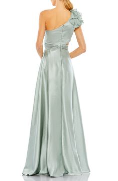 Make an unforgettable entrance in this satin gown featuring a high-low hem and a one-shoulder neck adorned by bold ruffles. At demure cutout at the side offers a peek of skin. 62 1/2" length (size 8) Hidden back-zip closure One-shoulder neck Partially lined 100% polyester Spot clean Imported Asian Owned/Founded Hi Low Gown, Neutral Dresses, Engagement Party Dresses, One Shoulder Prom Dress, Spring Wedding Guest Dress, Bodycon Evening Dress, Bridal Bridesmaid Dresses, Fishtail Dress, Bride Groom Dress