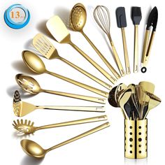 an assortment of gold colored utensils and spoons