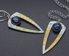 "Item: Kyanite Keum Boo Necklaces, two available on your choice of sterling chain.  Metal/Material: Fine silver, 24k gold, natural blue and silver kyanite Size: Just over 1.75\" long and .80\" across at it's widest point.  Retail: 250/EACH This item is ready to ship and ships within 1-3 business days" Keum Boo Earrings, Gold Necklace Unique, Keum Boo Jewelry, Silver And Gold Necklace, Mixed Metal Necklace, Kyanite Necklace, Diy Jewelry Making Tutorials, Keum Boo, Metal Necklace