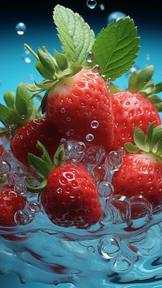 strawberries in water with green leaves on the top and blue back splashing around them