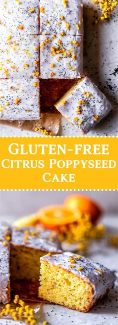 gluten - free citrus poppy seed cake is cut into squares and placed on a plate