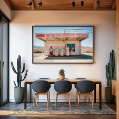 a dining room table with four chairs and a painting on the wall above it that has an old gas station