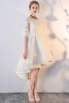 Elegant Champagne Lace Formal Party Dress High Low with Cape - $86.9 #BLS86100 - SheProm.com Spring Ceremony Dresses With Ruffles, Spring Banquet Wedding Dress, Fitted Dress For Spring Ceremonies, Spring Wedding Bridesmaid Dress With Ruffles, Spring Ceremony Fitted Dress, White Ruffled Evening Dress For Banquet, White Ruffle Evening Dress For Banquet, Spring Ceremony Lace Dress, Spring Wedding Dress For Banquet