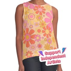 Women's sleeveless tank with vivid edge-to-edge sublimation print on front. Spliced materials for comfort. Front panel made from silky chiffon and solid color black or white jersey back. Sizes available XS- 2XL. Retro Garden Flowers 60s 70s Floral Pattern in Muted Orange Pink Yellow Apricot. Pretty, vintage aesthetic flowers with a nostalgic 1960s 1970s hippie flower power vibe. By Kierkegaard Design Studio. Retro Graphic Print Sleeveless Tank Top, Retro Multicolor Tank Top, Retro Sleeveless Summer Tank Top, Spring Retro Graphic Print Tank Top, Orange Printed Sleeveless Top, Retro Yellow Tank Top For Spring, Yellow Retro Sleeveless Tank Top, Retro Yellow Sleeveless Tank Top, Yellow Printed Sleeveless Top