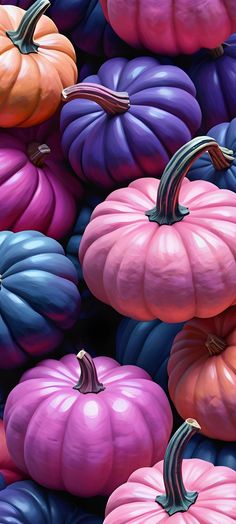 many different colored pumpkins stacked on top of each other in the same color scheme