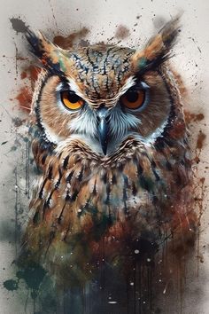 an owl with orange eyes is shown in this artistic painting