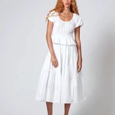 Staud Nwt Martina Dress In White Summer Tiered Midi Size Small - A-Line - Round Neck - Short Sleeves - Midi Length - Drawstring At Waist - Smocked Waist - Tiered Skirt Materials 98% Cotton, 2% Elastin New With Tags, No Flaws Noted. Staud Cotton Dress For Daywear, Elegant White Staud Dress, Casual Staud Dresses For Daywear, Casual Staud Daywear Dress, White Fitted Staud Dress, Casual Daywear Dresses By Staud, Fitted White Staud Dress, Elegant White Staud Midi Dress, Elegant White Midi Dress By Staud