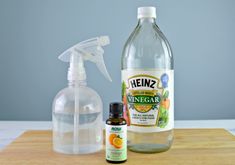 a bottle of vinegar next to a spray bottle with an orange on it and a glass bottle