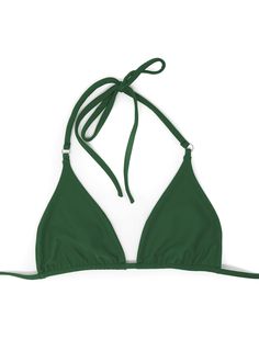 DESCRIPTION: Classic seamless triangle bikini top, made sustainably from recycled plastic fabrics in a beautiful deep green color that compliments every skin tone. Complete with gold hoop details on each of the triangles. This top is perfect for your next beach vacay. DETAILS: Made from Sustainable Recycled Plastic Fabric SPF 50 Gold Hoop Details on each triangle Unpadded String tie triangle bikini top style Designed and shipped from Honolulu, Hawaii Pair with Nalani string bikini bottom Seamless Triangle Swimwear For Poolside, Triangle Solid Color Swimwear For Poolside, Triangle Halter Top Bra Friendly For Poolside, Solid Color Triangle Swimwear For Poolside, Solid Triangle Swimwear For Beach, Solid Triangle Swimwear For Summer, Solid Triangle Swimwear For Vacation, Solid Triangle Swimwear For Poolside, Solid Color Triangle Swimwear For Summer