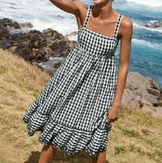 Black & White Puckered Gingham Dress With Eyelet Trim. Brand New With Tag Attached. Never Worn. Lined Pockets Absolutely Adorable! Size 000 Black And White Gigham Dress Fall, Short Black Gingham Dress, Gingham Pattern Dress, Gingham And Heels Dress, Casual Plaid Dress For Beach, Picnic Gingham Sundress With Ruffles, Picnic Plaid Midi Dress With Ruffles, Plaid Midi Dress With Ruffles For Picnic, Sleeveless Plaid Dress For Summer Brunch