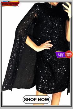 Bestdealfriday Black Glitter Mock Neck Cape Design Sequins Dress P1481683 Black Sequin Dress For Festive Occasions, Black Sequin Dress For Party Season, Black Glamorous Sequin Dress For Festive Occasions, Glamorous Black Sequin Dress For Festive Occasions, Festive Black Sequin Dress, Black Festive Mini Dress For Party Season, Black Sequin Cocktail Dress For Festive Occasions, Black Glitter Dress For Holiday Party, Black Glitter Dresses For Holiday Party