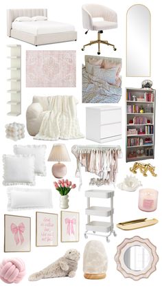 a collage of pink and white furniture, bedding, bookshelf, mirror, lamp, rugs and other items