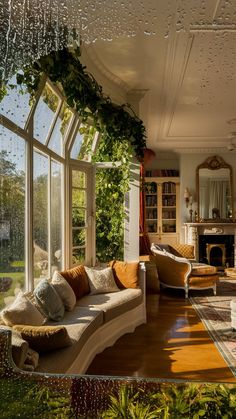 a living room filled with lots of furniture next to a window covered in raindrops