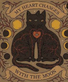 a black cat sitting in the middle of a circle with words that say, my heart changes