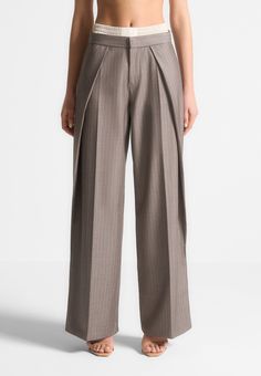 Satin Waistband Pinstripe Trousers - Taupe | Manière De Voir USA Formal Trousers Women, Pinstripe Trousers, Leg Sleeves, High Hips, Tailored Pants, Clothes Accessories, Wide Leg Trousers, Trousers Women, Amazing Women