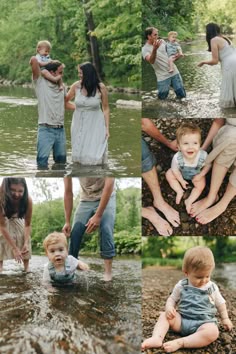 the family is playing in the water and having fun with their baby son, who is sitting on his mother's lap