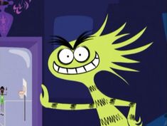 a cartoon character with an evil grin on it's face and arms, standing in front of a door