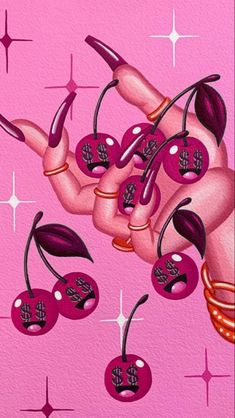 a painting of a woman with pink nails and cherries hanging from her legs, on a pink background