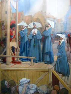 a painting of women dressed in blue and white holding umbrellas over their heads as they stand on a wooden platform