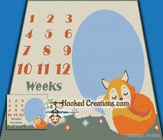 a cross stitch pattern with numbers and a fox on it's back, next to a calendar