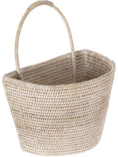 a large woven basket with handle on the side and handles down to the bottom, it is