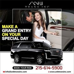 an advertisement for a car dealership featuring a woman in white dress and man in black suit