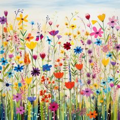 a painting of colorful flowers in the grass