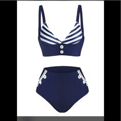 Brand New Navy Blue And White High Rise Bikini Size Medium But Top Runs Small Navy Tankini For Pool And Beach Season, Navy Tankini For Beach And Pool Season, Navy Tankini For Summer, Navy Tankini For Summer Pool Days, Navy Summer Tankini For Beach Season, Navy Tankini For Pool And Summer, Navy Tankini For Vacation And Beach Season, Navy Nautical Swimwear For Beach, Nautical Navy Swimwear For Beach